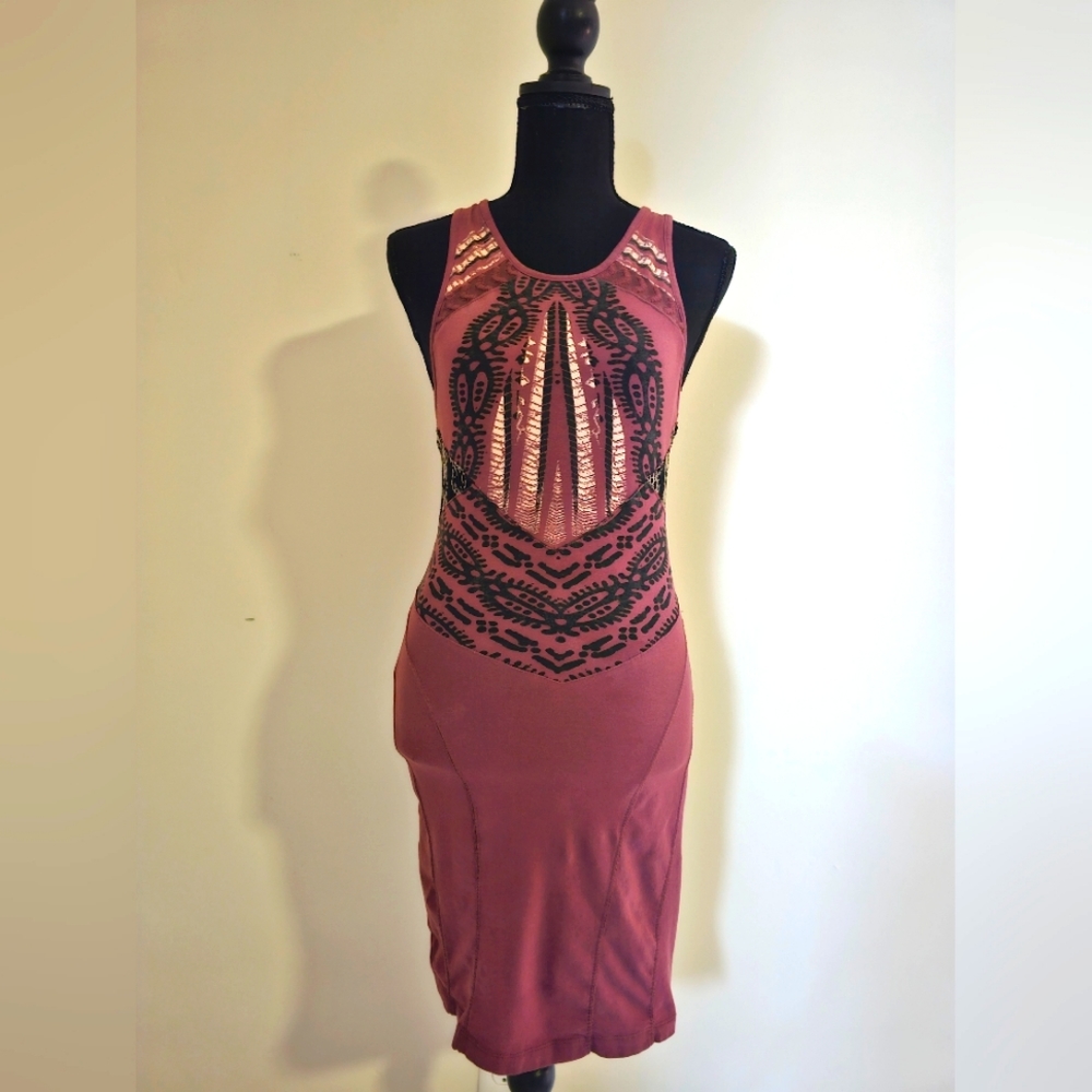 Free People Mauve Bodycon Mini Dress with Black Beaded Detail